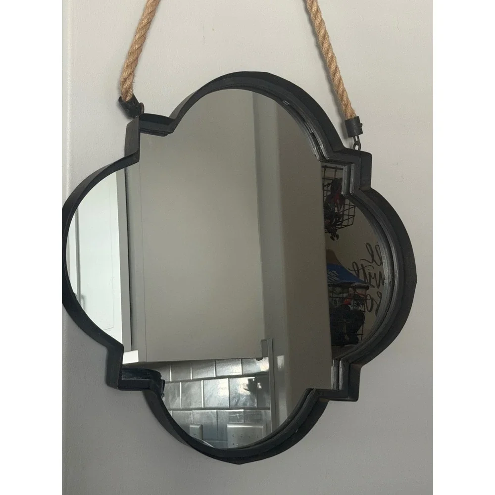Quatrefoil Wall Mirror Black Metal Frame with Jute Rope Hanger Rustic 14